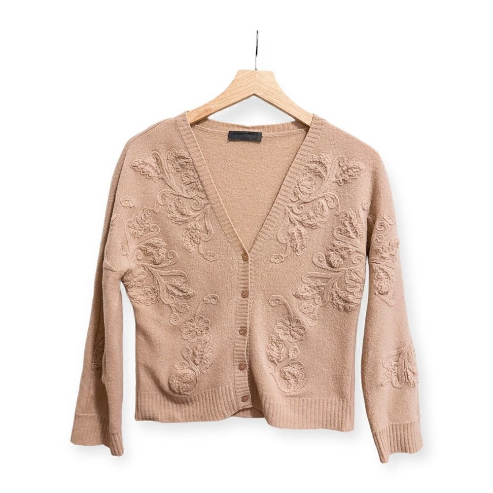 Alberta‎ Ferretti Antique Rose Wool Cardigan, Floral Embroideries, Size 10US